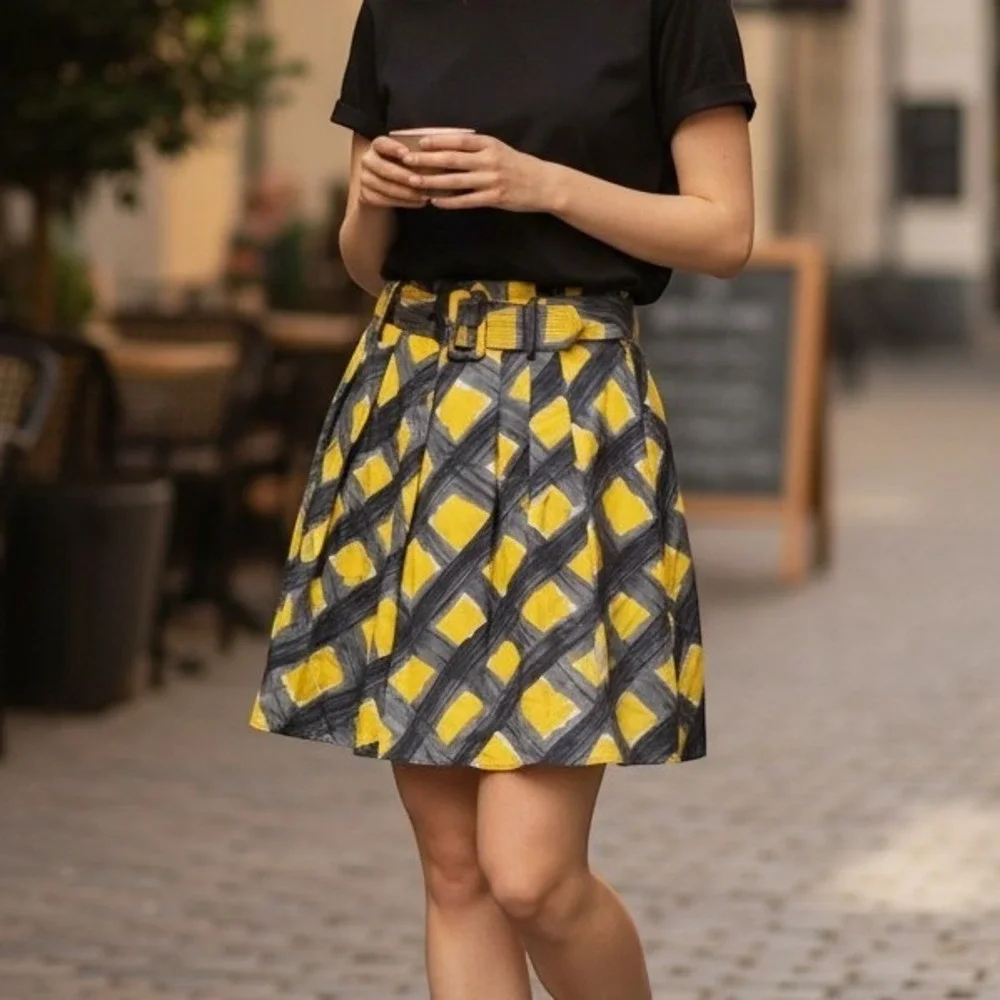 The Limited A-Line Skirt Women Large Yellow Grey Abstract Belted Geometric Mini